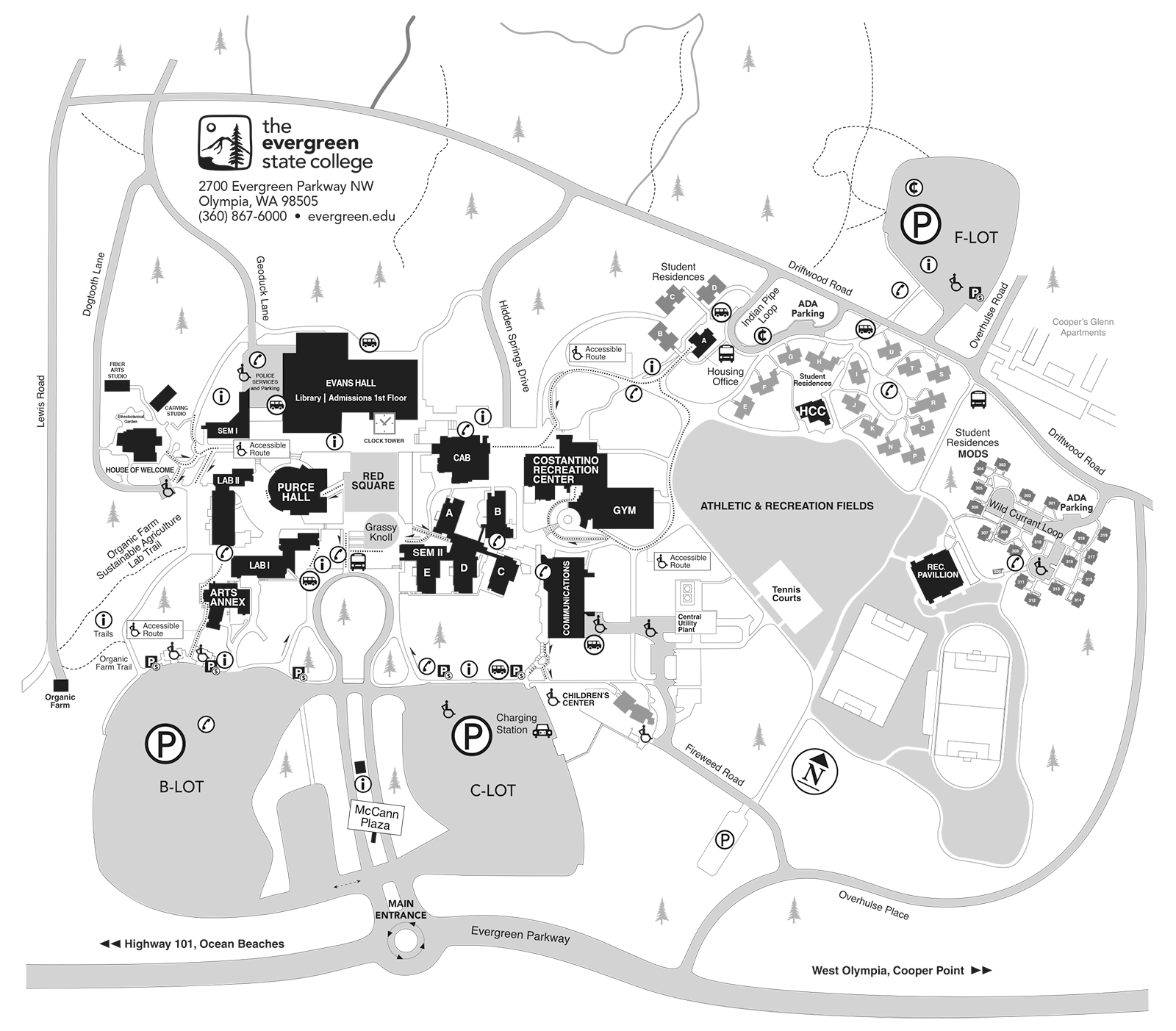 A black and white map of the Evergreen olympia campus