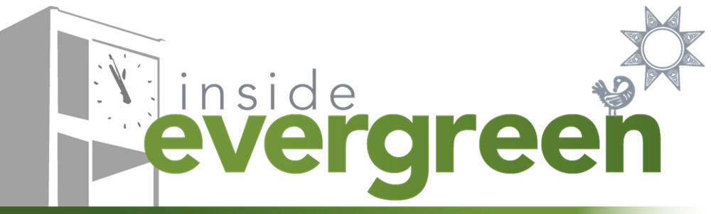 Inside Evergreen logo in green and grey with clocktower, Sankofa and Native Pathways sun.