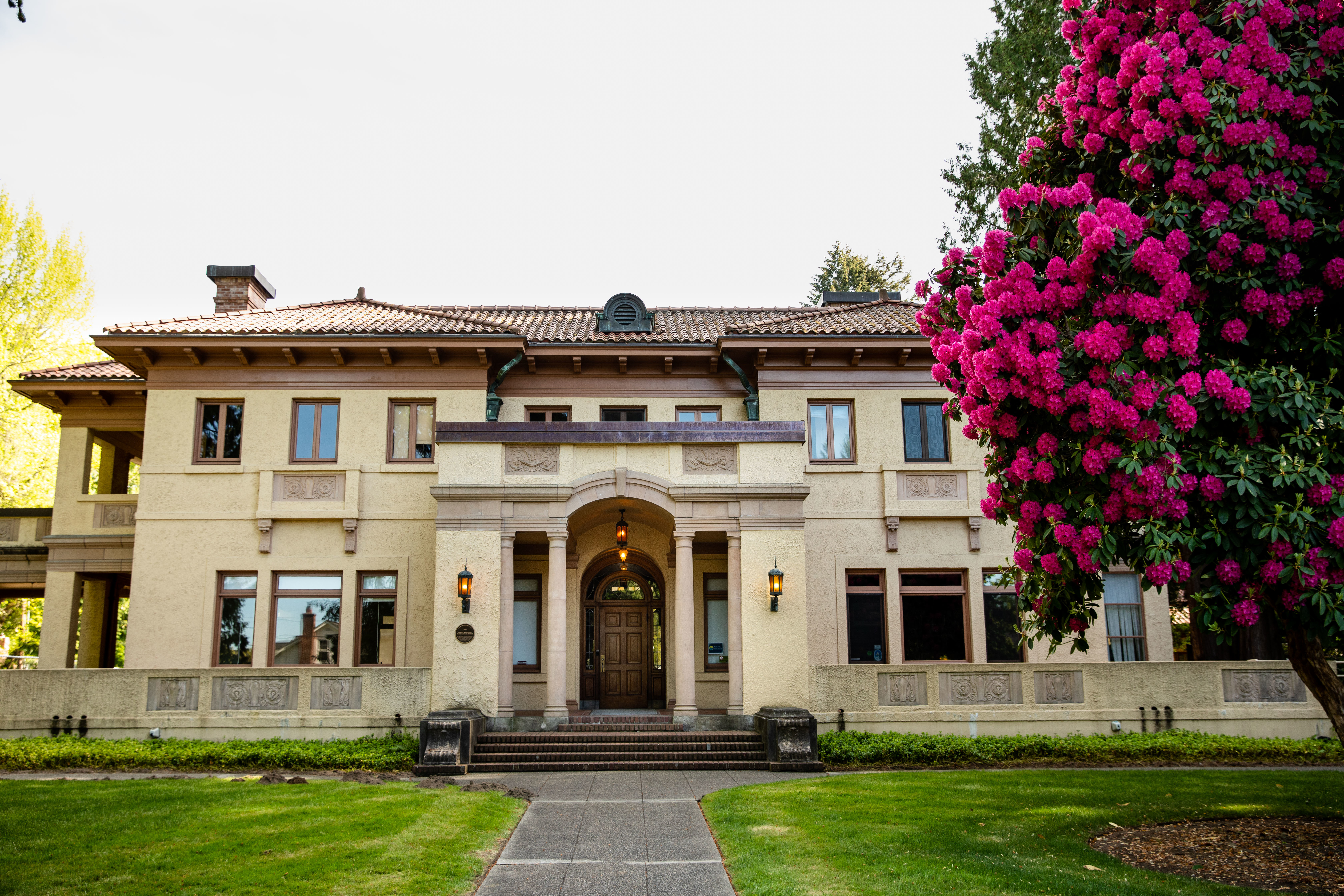 image of beige mansion with flowering trees and grass in front