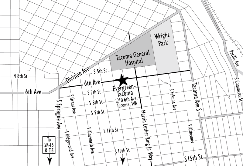 Map showing the location of the Evergreen Tacoma campus