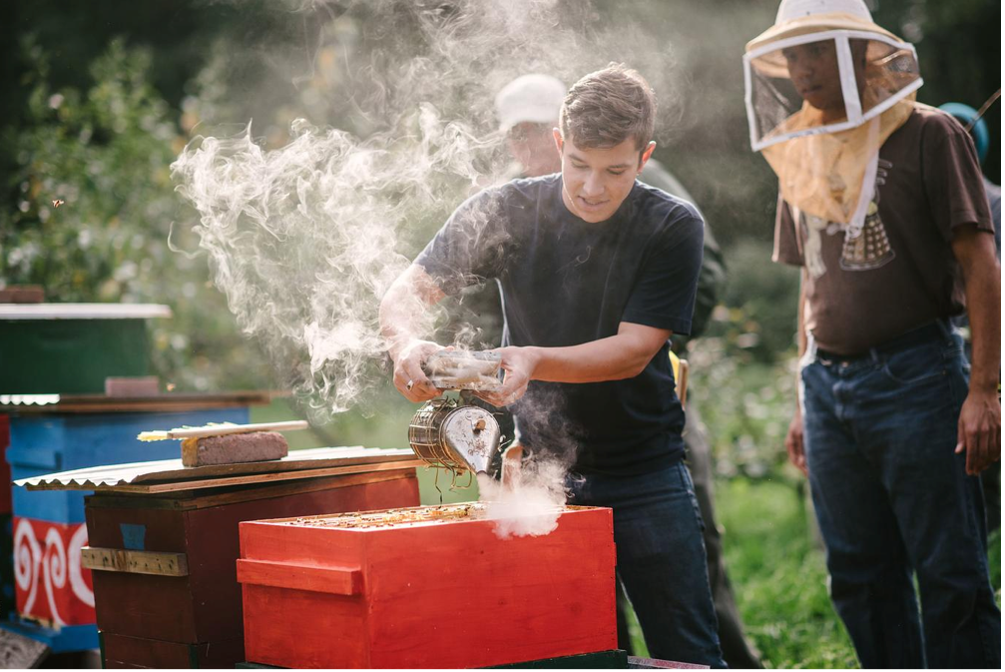 Beekeepers in headwear, and another using beekeeping tools near a bright red beehive