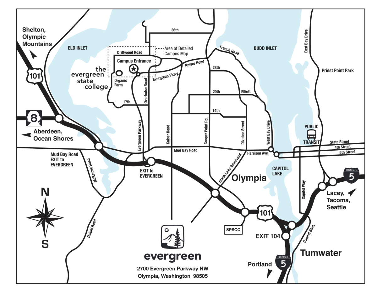 A map of the Olumpia area with The Evergreen State Collage's location highlighted