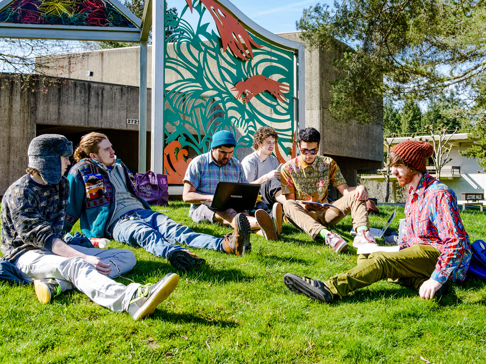 6 casually dressed students on a grassy mound having a discussion