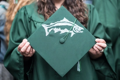 A student holds their decorated graduation cap