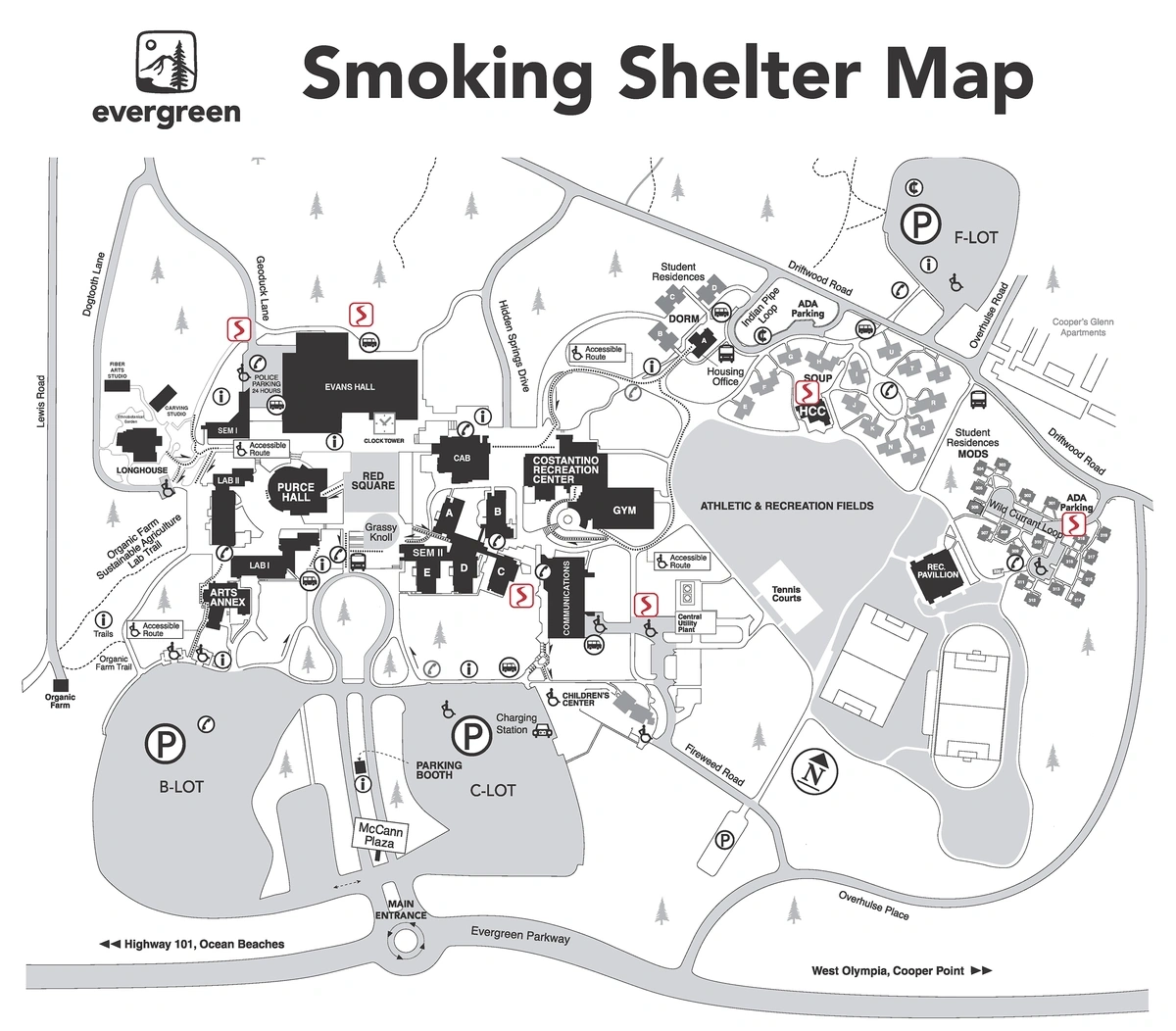 Smoking shelter map referencing the list of shelters