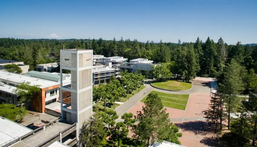 an overhead shot of campus showing the clocktower, red square, the cab, and sem II