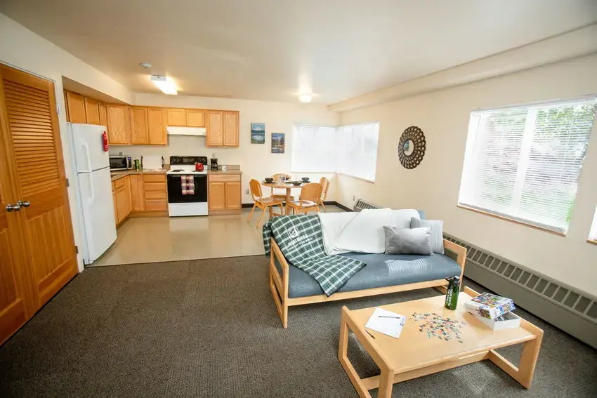 Interior photo of the common room in student apartments