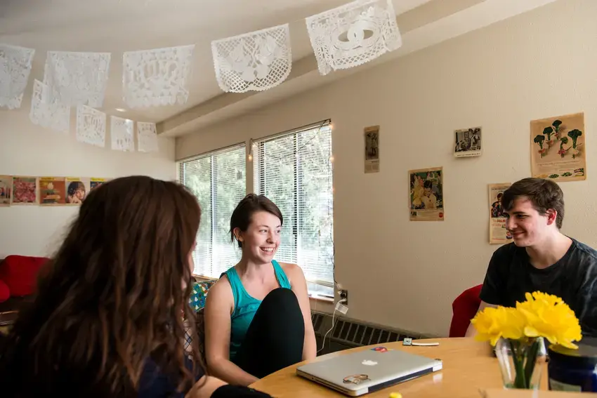 Students hanging out together in a campus apartment 