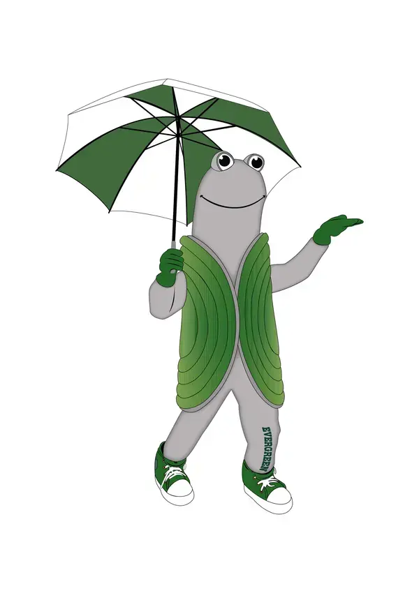 An illustration of Speedy the geoduck holding a green and white umbrella