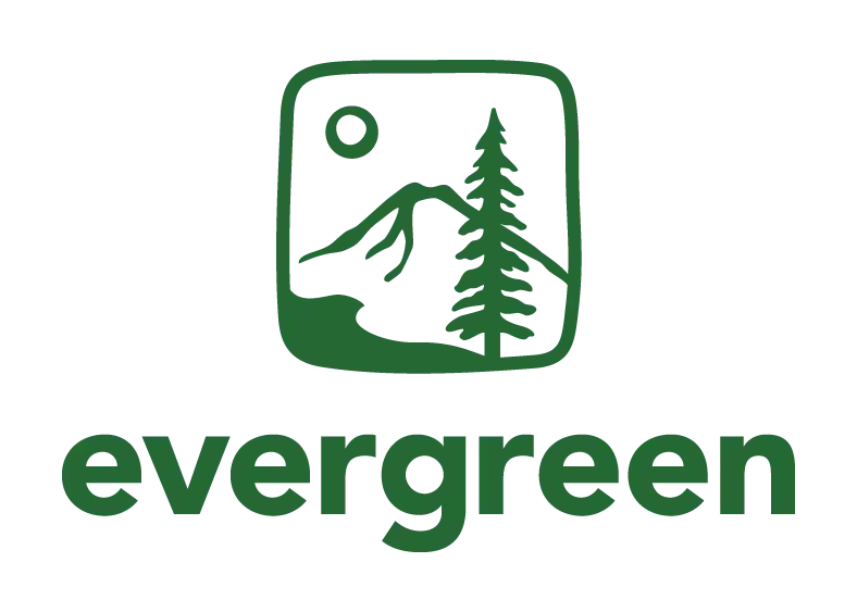 evergreen logo with graphic of a tree, mountain, shoreline, and sun