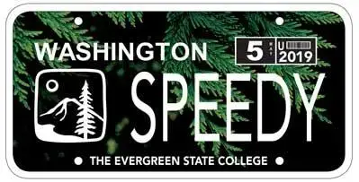 license plate for evergreen that reads speedy