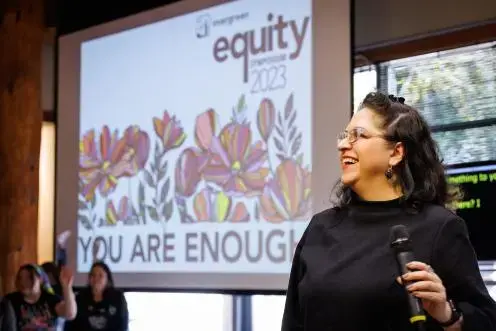 Dr. Leticia Nieto leads the Equity Symposium Plenary session with the Evergreen community.